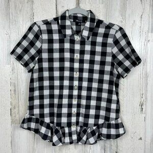 Madewell Peplum Button Down Shirt Gingham ruffle hem black white classic size XS